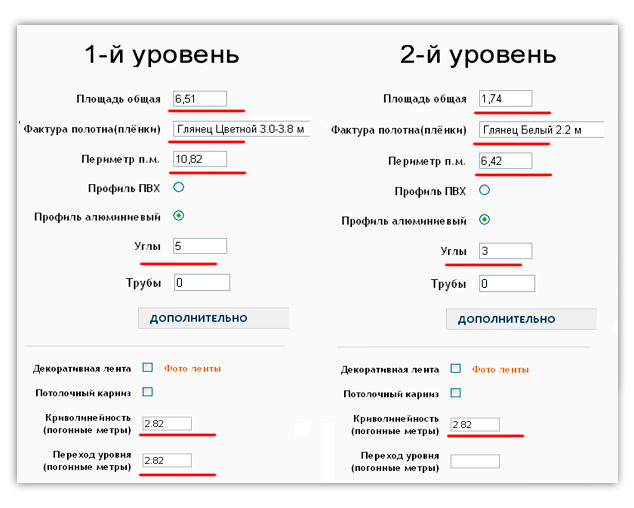 Расчет стоимости двухуровневого потолка с криволинейными участками